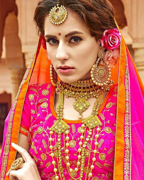 Pink and White Color Party Wear Silk Jacquard Lehenga & Blouse with Dupatta