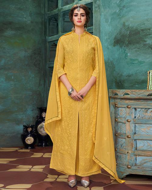 Yellow Colored Georgette Embroidered Palazzo Suit With Dupatta