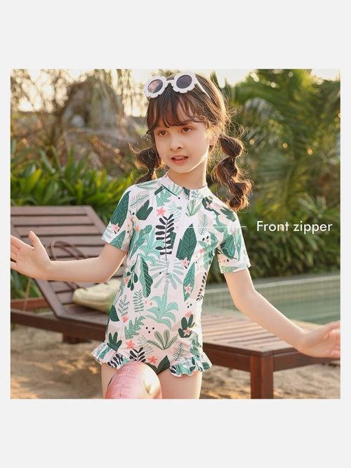 Little Surprise Box, Frilly Tropical Print Toddlers & Kids Swimwear +Swim Cap