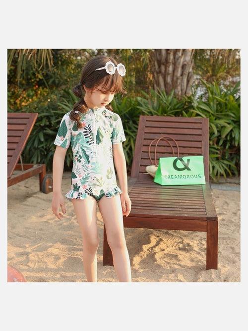 Little Surprise Box, Frilly Tropical Print Toddlers & Kids Swimwear +Swim Cap