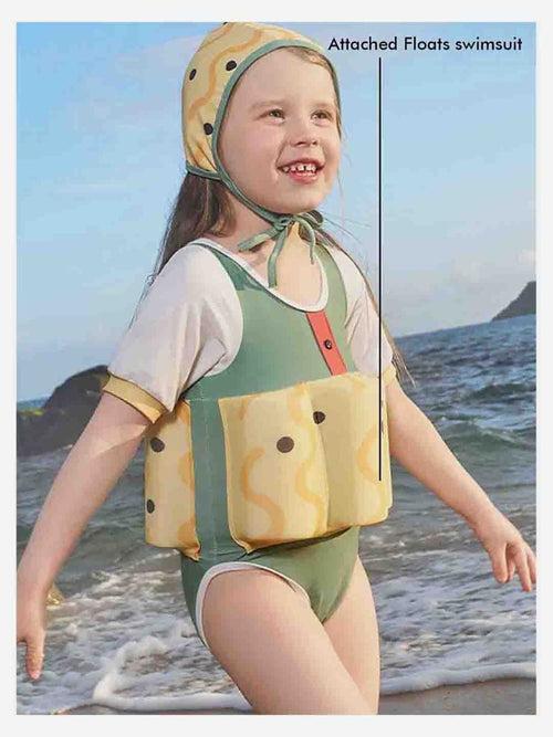Little Surprise Box Olive & Yellow Curves Print Kids Swimsuit with attached Swim Floats +tie up cap in UPF 50+