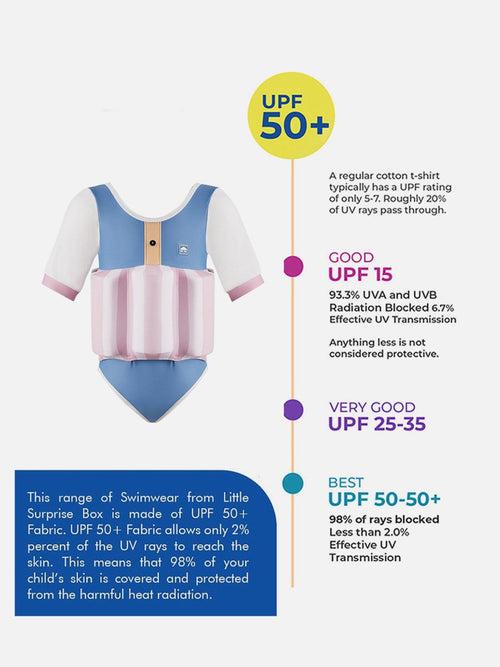 Little Surprise Box Powder Blue & Pink Stripes Kids Swimsuit with attached Swim Floats +tie up cap in UPF 50+
