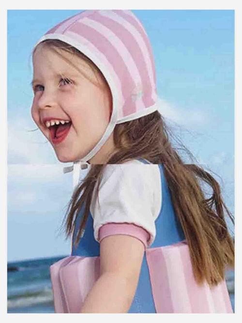 Little Surprise Box Powder Blue & Pink Stripes Kids Swimsuit with attached Swim Floats +tie up cap in UPF 50+