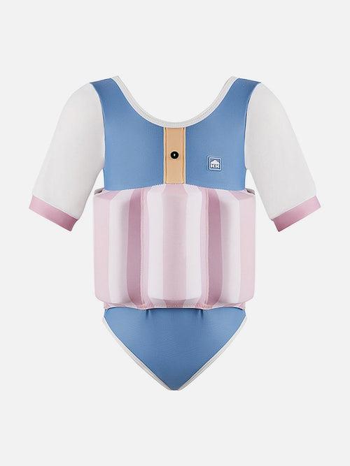 Little Surprise Box Powder Blue & Pink Stripes Kids Swimsuit with attached Swim Floats +tie up cap in UPF 50+