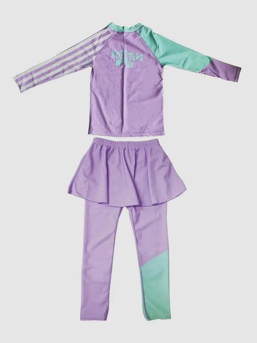 Little Surprise Box Purple & Mint Green Stripes 2pcs Full Length Swimsuit for Girls with UPF 50+