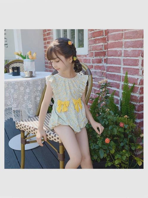 Little Surprise Box,One Piece Little Miss Yellow Bow print Swimwear +Swim Cap for Kids & Toddlers