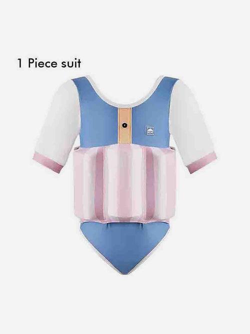 Little Surprise Box Powder Blue & Pink Stripes Kids Swimsuit with attached Swim Floats +tie up cap in UPF 50+