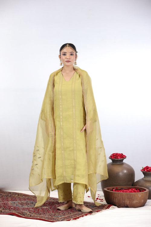 SHASHI PINTUCK KURTA SET - LIME YELLOW