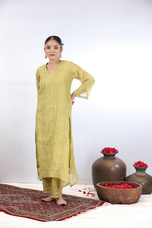 SHASHI PINTUCK KURTA SET - LIME YELLOW