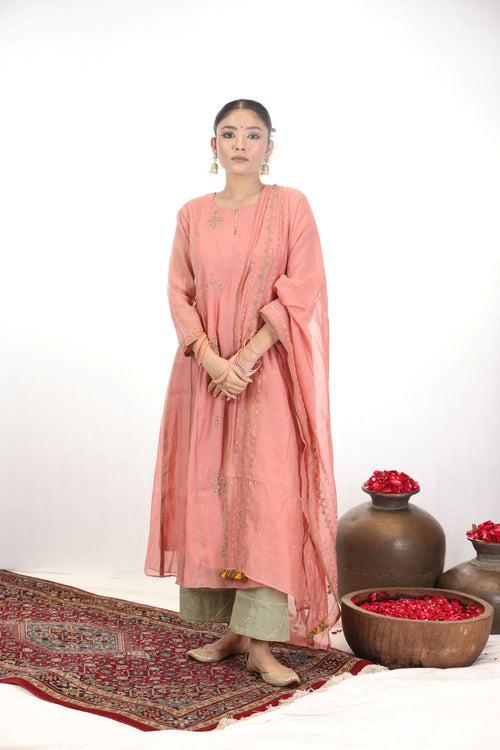 FALAK PANELLED KURTA SET - PEACH