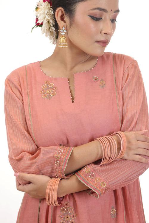 FALAK PANELLED KURTA SET - PEACH