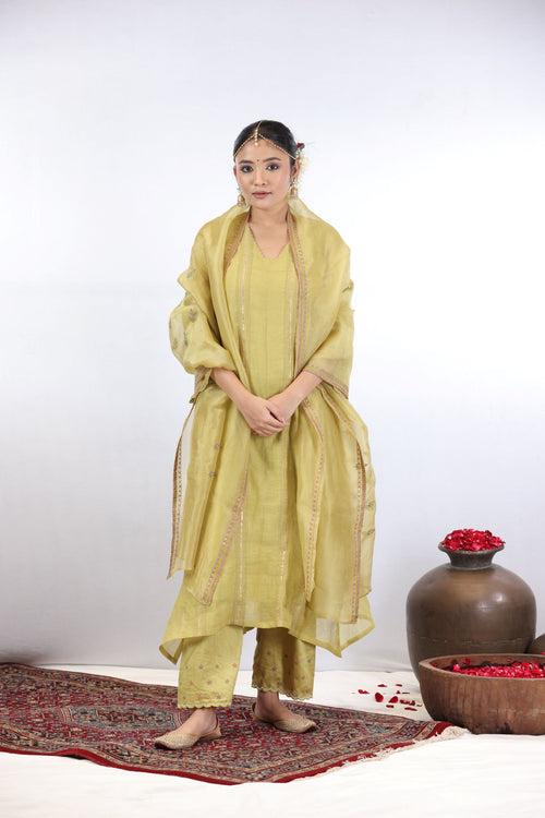 SHASHI PINTUCK KURTA SET - LIME YELLOW