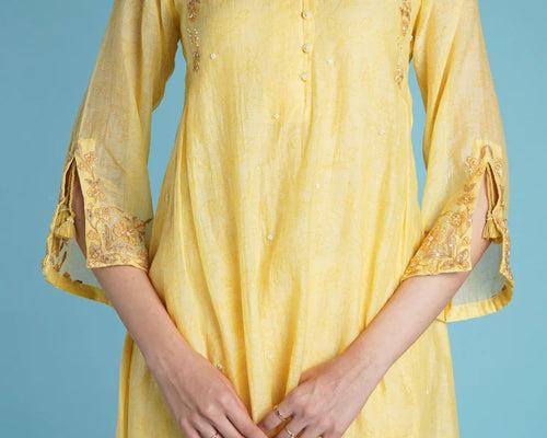 Pearl A-line Kurta Set- Yellow