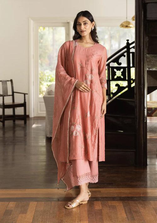 CORAL FLORAL EMBROIDERED KURTA SET