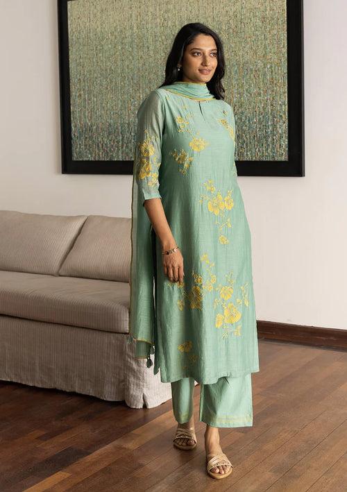 MINT FLORAL APPLIQUE KURTA SET