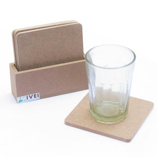 IVEI DIY MDF Square Coasters (3.5in X 3.5in) with holder - Set of 4 (with/without Primer)