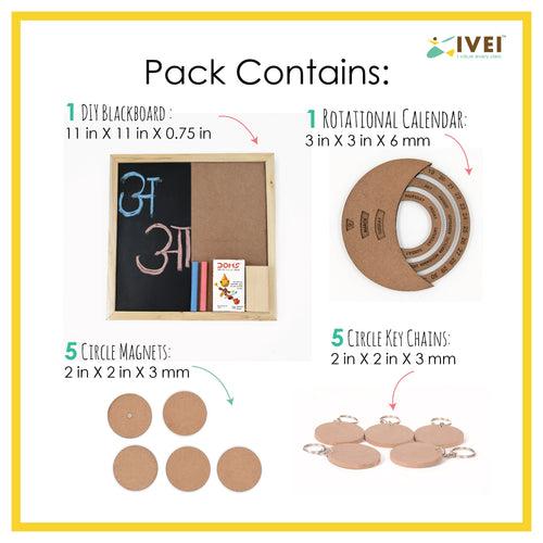 IVEI DIY MDF DIY Blackboard Pack with Rotational Calendar, 5 Round magnets and 5 Round keychains