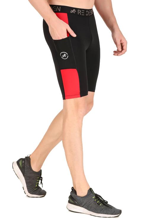 Men's Nylon DC Pocket Compression Shorts and Half Tights (Black/Red)