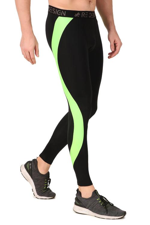 Nylon Compression Pant and Full Tights For Men (BLACK/NEON GREEN)