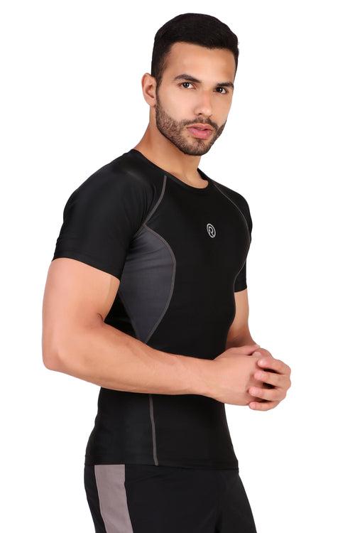 Men's Polyester Compression Tshirt Half Sleeve (Black/Grey)