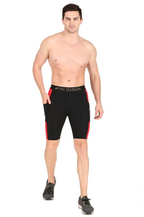 Men's Nylon DC Pocket Compression Shorts and Half Tights (Black/Red)