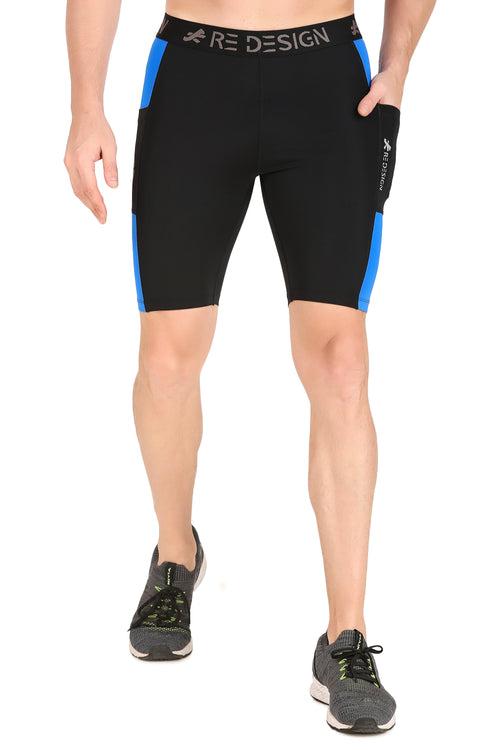 Men's Nylon DC Pocket Compression Shorts and Half Tights (Black/Royal Blue)