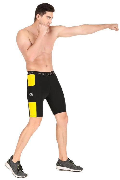 Men's Nylon DC Pocket Compression Shorts and Half Tights (Black/Yellow)