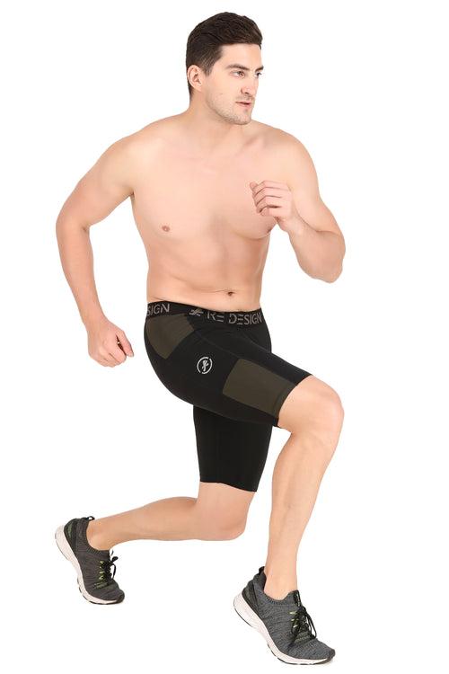 Men's Nylon DC Pocket Compression Shorts and Half Tights (Black/Green)