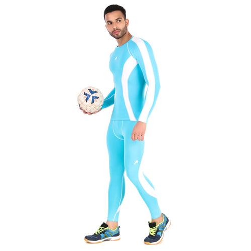 Men's Polyester Compression Pant and Full Tights (Aqua/White)