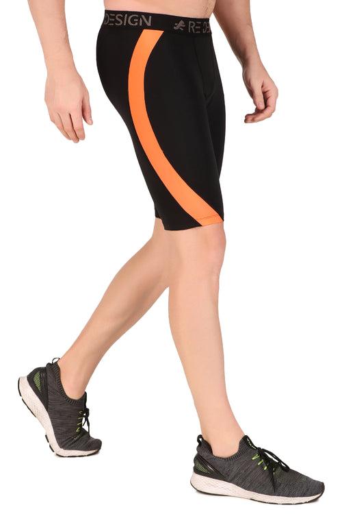 Men's Nylon DC Curve Compression Shorts and Half Tights For Men (Black/Orange)