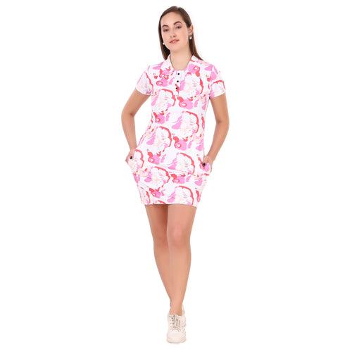 Activewear Collar Neck Dress For Women (Pink Floral)