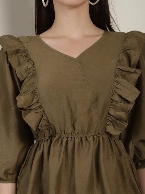 Brown Solid Women's Top With Frills