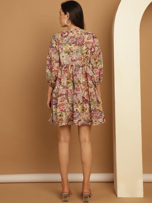 Floral Printed Puff Sleeve A-Line Dress