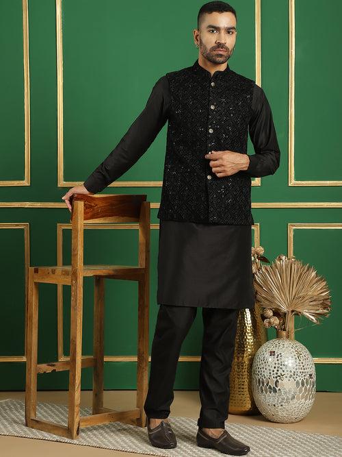 Men's Velvet Nehru Jacket With Solid Kurta Pyjama