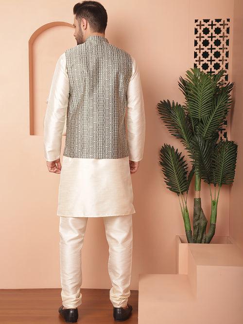 Men's Woven Design Nehru Jacket With Solid Kurta Pyjama