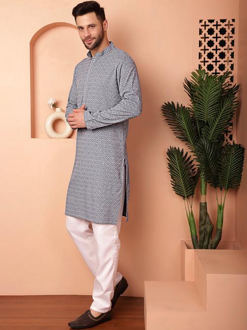 Men's Grey Embroidered and Sequence Kurta with Pyjama