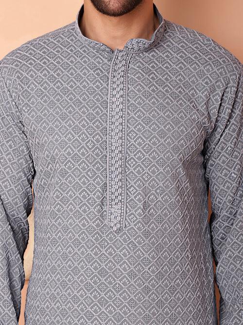 Men's Grey Embroidered and Sequence Kurta with Pyjama