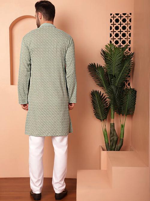 Men's Green Embroidered and Sequence Kurta with Pyjama