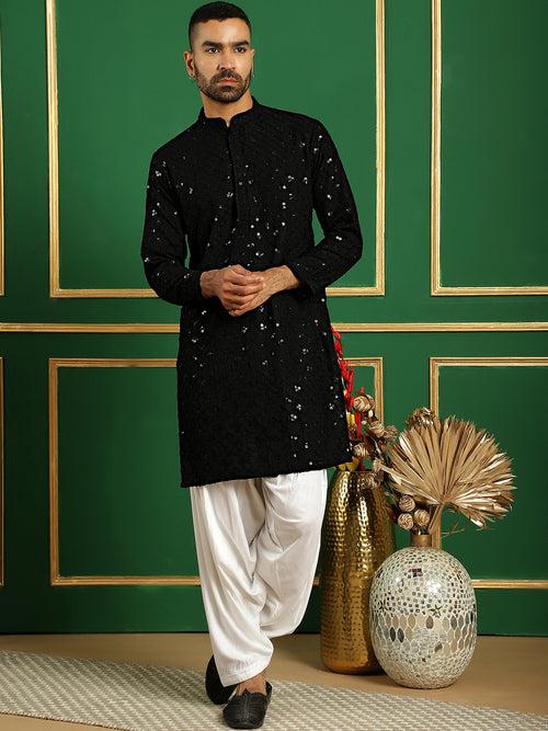Men Black Embroidered and Sequence Kurta with Salwar