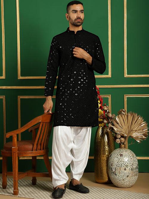 Men Black Embroidered and Sequence Kurta with Salwar