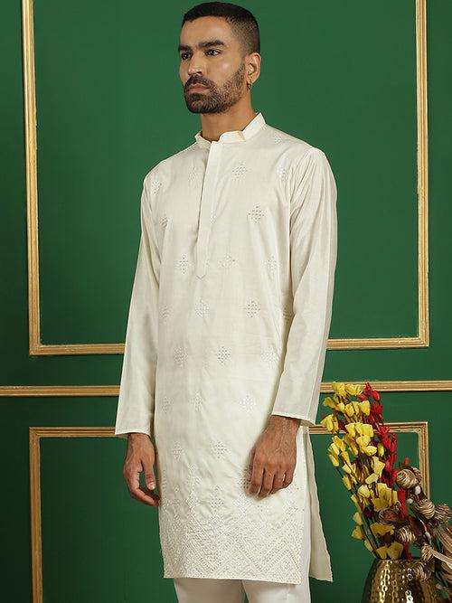 Men Pista Green Embroidered and Sequence Kurtas