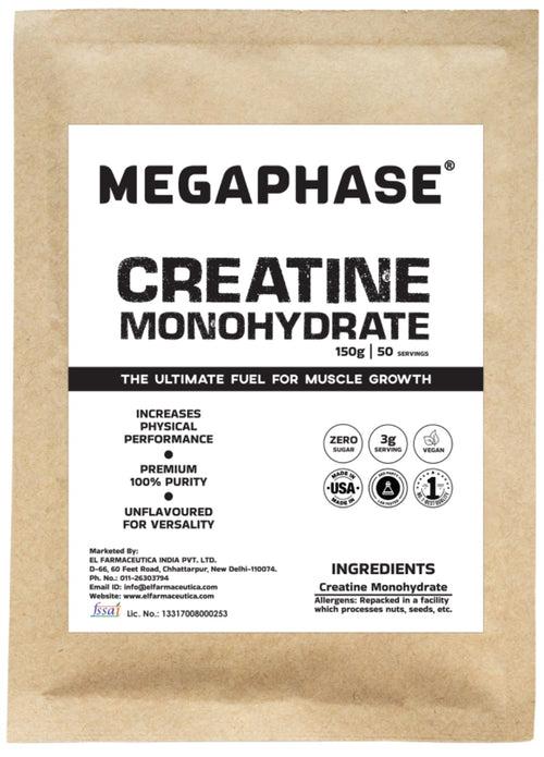 Megaphase - Creatine Monohydrate Enhanced Muscle Strength & Power, Optimal Athletic Performance (Unflavoured, 150g, 50 Servings)