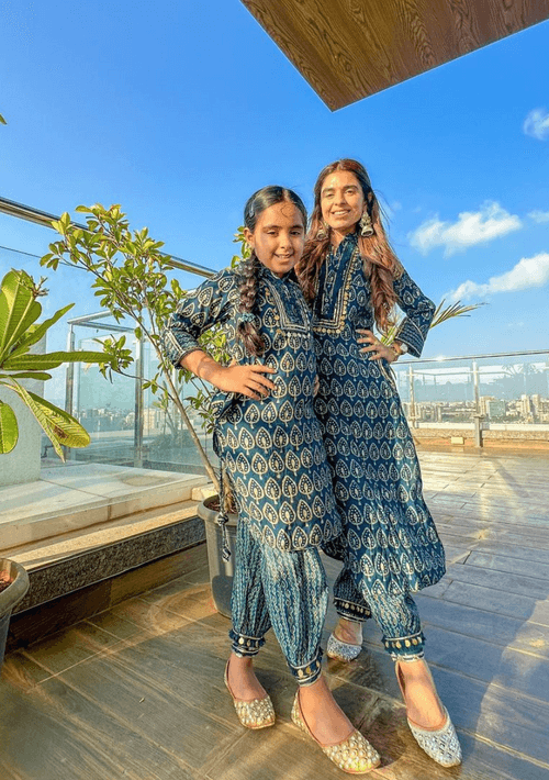 MUM &  'MINI'-MUM -Teal Printed Co-ord Pathani Set