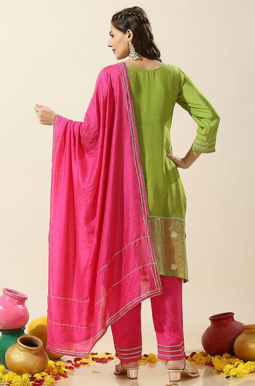 RAAS-Green Three Piece Suit Set with Pink Dupatta