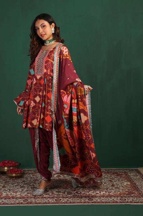 GEET-Royal Maroon Three Piece Suit Set With Printed Dupatta