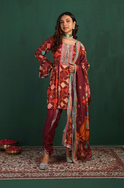 GEET-Royal Maroon Three Piece Suit Set With Printed Dupatta