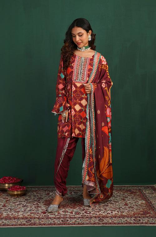 GEET-Royal Maroon Three Piece Suit Set With Printed Dupatta