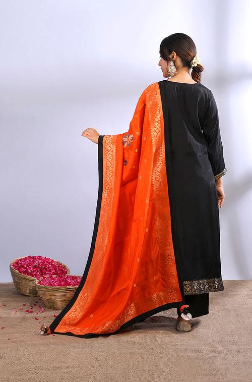 ROOH- Jet Black Three Piece Suit Set With Contrast Dupatta