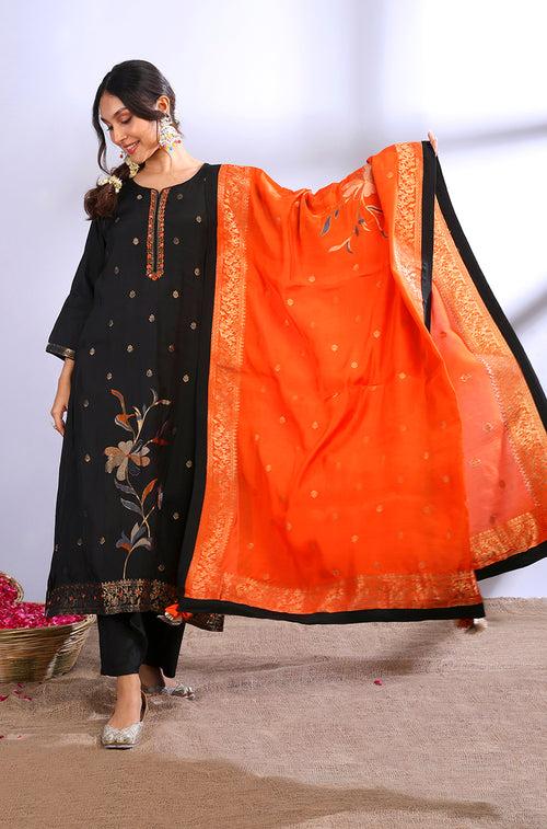 ROOH- Jet Black Three Piece Suit Set With Contrast Dupatta