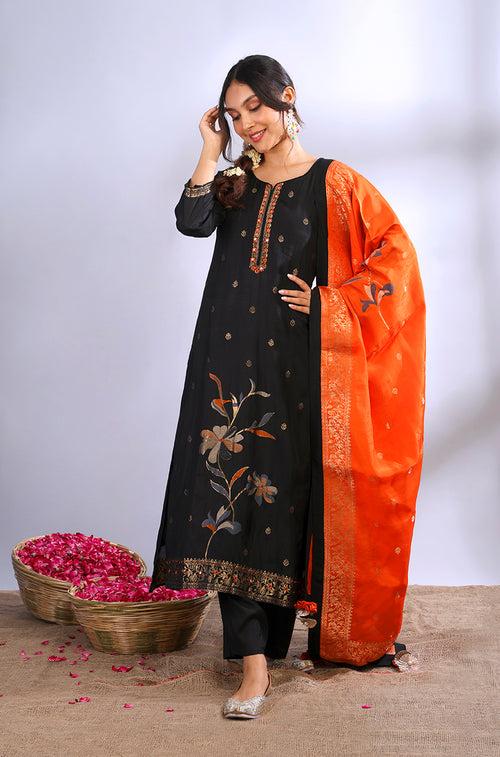 ROOH- Jet Black Three Piece Suit Set With Contrast Dupatta